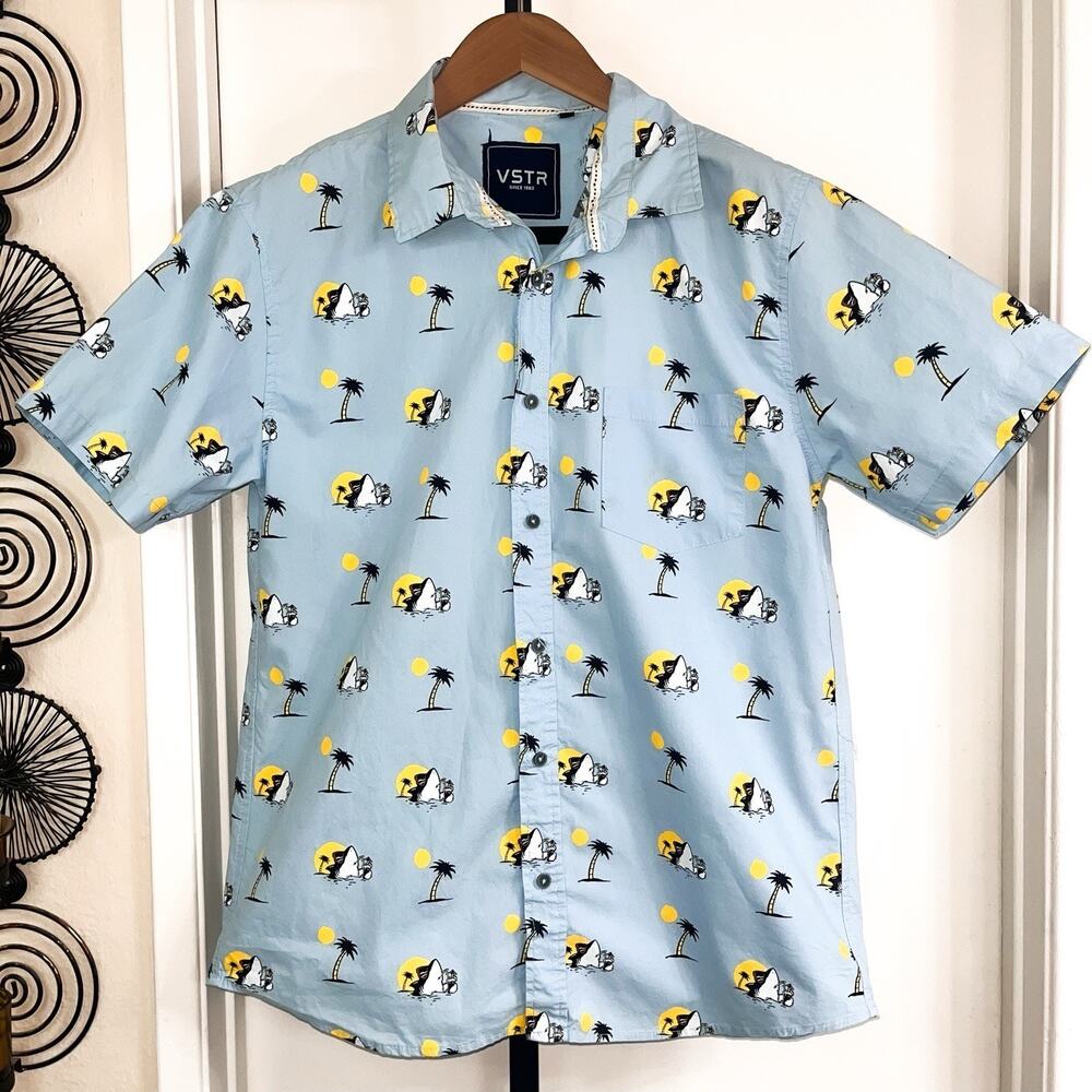 VSTR Mens Shark Shirt Y2K Surfer Summer 90s - Blue Yellow, Size XL